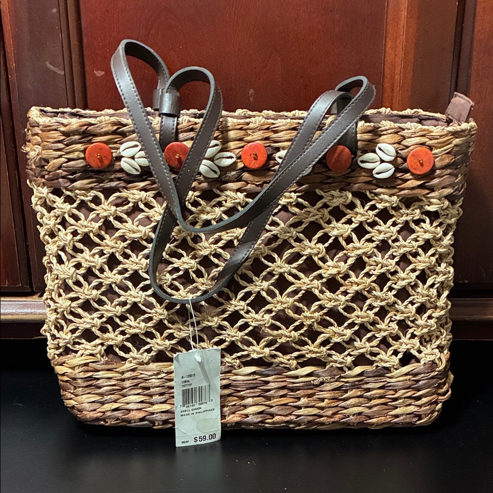 Nine West vintage shell shock Brown Woven Tote Bag with Leather Straps